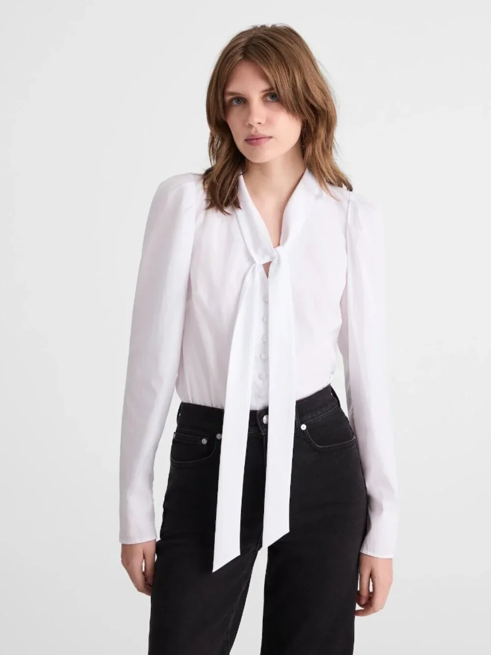 Madewell V-Neck Cotton Button Front Removeable Necktie Top White Size S NWT